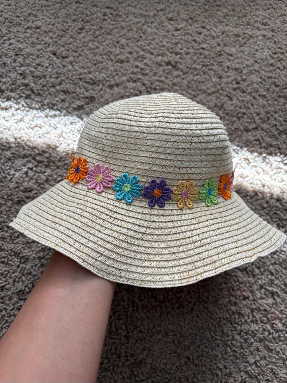 Kids Cream Straw Sun Hat with Multicolor Flower Trim